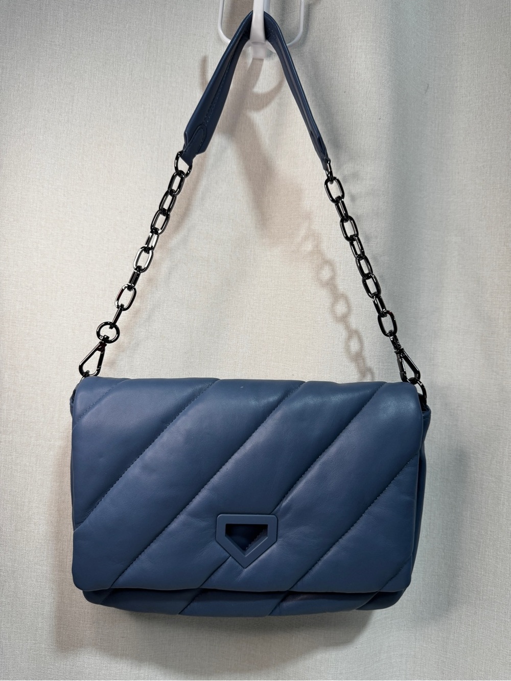 Chico's Blue Quilted Flap Shoulder Bag Chain Strap Gunmetal Hardware Pockets